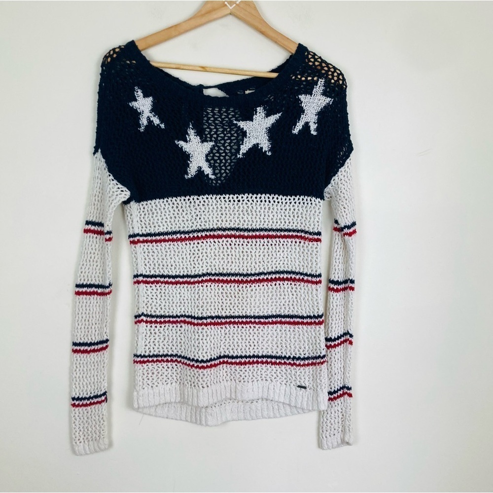 Hollister red white and blue American flag pattern open weave sweater. Size XS